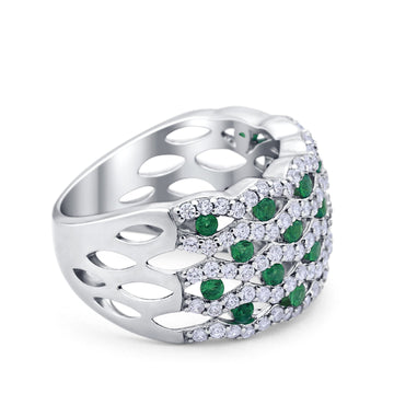 Wide Half Eternity Ring Round Simulated Green Emerald CZ 925 Sterling Silver